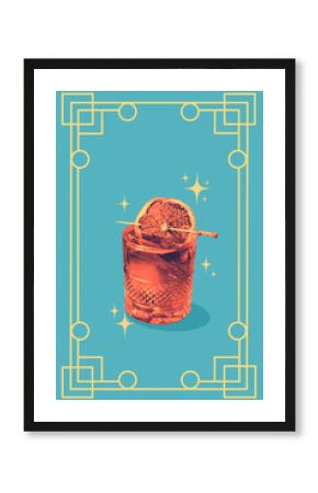 Poster. Contemporary art collage. Creative retro artwork. Illustration of cocktail in glass decorated citrus in retro color filter. Concept of restaurant menu, party, alcohol drink, vintage.