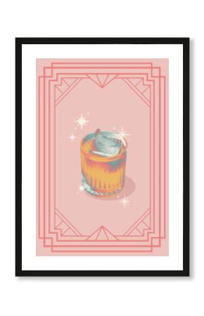 Poster. Contemporary art collage. Creative retro artwork. Cold bourbon with ice cube in retro color filter in elegant frame against pink background. Concept of restaurant menu, party, alcohol drink.