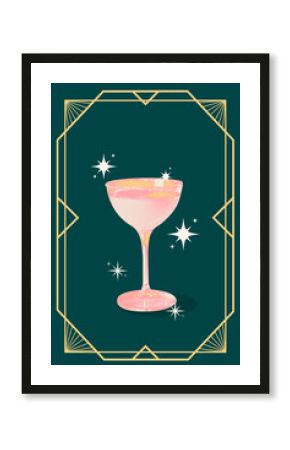 Poster. Contemporary art collage. Creative retro artwork. Golden frame frames sweet cocktail in retro color filter against green color background. Concept of restaurant menu, party, alcohol, vintage.