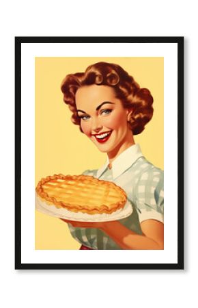 Minimalistic retro 1950's postcard of smiling woman housewife in blue dress and brown hair with pie in her hands