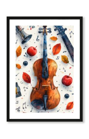Background with musical instruments drawn in watercolor on a white background.