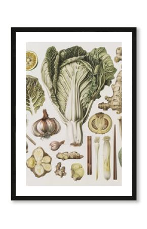 A vintagestyle botanical illustration of cabbage, ginger, and other ingredients used in making kimchi, depicted with fine lines and a muted color scheme, suitable for elegant wall art