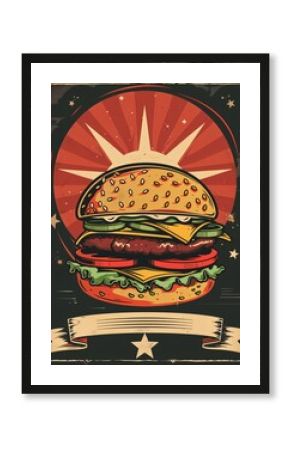 a retro poster with a hamburger in the center