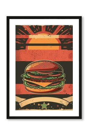 a retro poster with a hamburger in the center