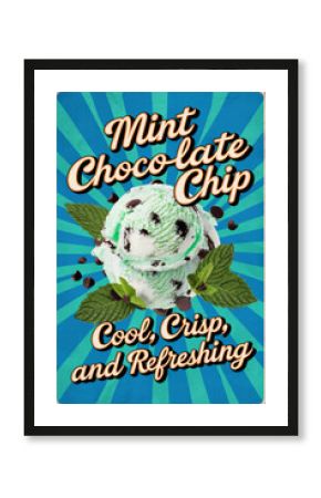 A vintage-style poster for "Mint Chocolate Chip" ice cream. Text reads "Cool, Crisp, and Refreshing," with  illustration of two scoops of mint chocolate chip ice cream, mint leaves, & chocolate chips.