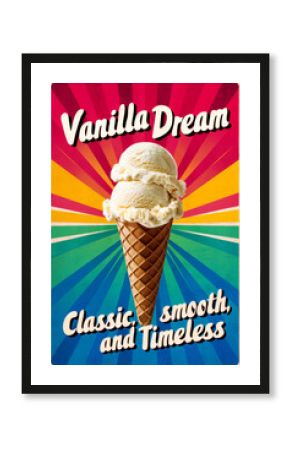 A vintage-style poster for "Vanilla Dream" ice cream. Text reads "Classic, smooth, and Timeless," with an illustration of two scoops of vanilla ice cream in  waffle cone, set on a retro background.