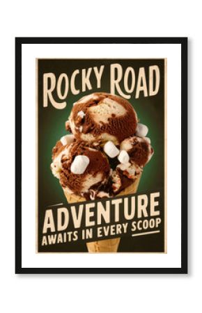 A vintage-style poster for "Rocky Road" ice cream. Text "Adventure awaits in every scoop" Illustration of scoops of rocky road ice cream, including chocolate, marshmallows, and nuts, in a waffle cone.