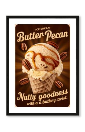 A vintage-style poster for "Butter Pecan" ice cream. Text "Nutty goodness with a buttery twist," A scoop of butter pecan ice cream in a waffle cone, topped with caramel sauce and pecan nuts.