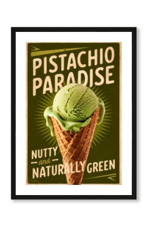 A vintage-style poster for "Pistachio Paradise" ice cream. Text "Nutty and Naturally Green," illustration of a scoop of pistachio ice cream in a waffle cone, set against a dark green, retro background