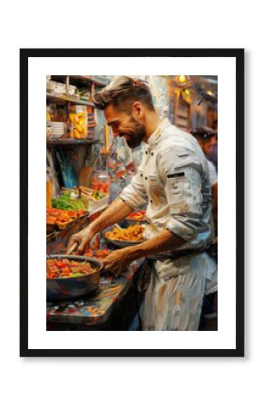 palette knife oil painting, chef cooking street food in food truck. Wall Art Poster Print Design for Home Decor, Decoration Artwork, High Resolution Wallpaper and Background for Computer, Smartphone