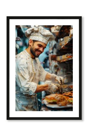 chef cooking street food in food truck, palette knife oil painting. Wall Art Poster Print Design for Home Decor, Decoration Artwork, High Resolution Wallpaper and Background for Computer, Smartphone