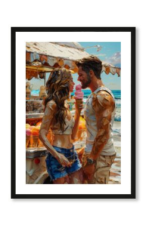 people enjoy ice cream in front of icecream truck, palette knife oil painting. Wall Art Poster Print Design for Home Decor, Decoration Artwork, High Resolution Wallpaper & Background for Computer