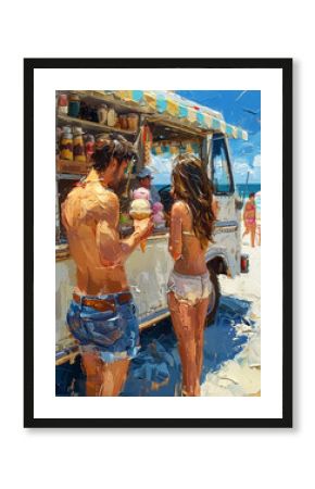 people enjoy ice cream in front of a food truck, palette knife oil painting. Wall Art Poster Print Design for Home Decor, Decoration Artwork, High Resolution Wallpaper & Background for Computer
