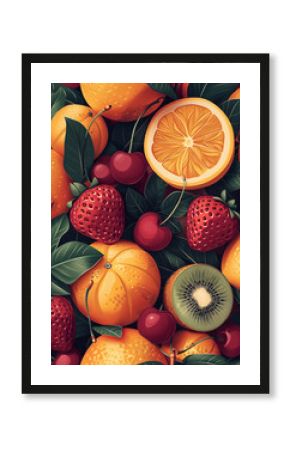 flat print,fruits, fruits are disco balls, disco ball strawberries, disco ball oranges, disco ball cherries, disco ball kiwis, disco ball mangos, plain pink background, illustration,retro poster art, 