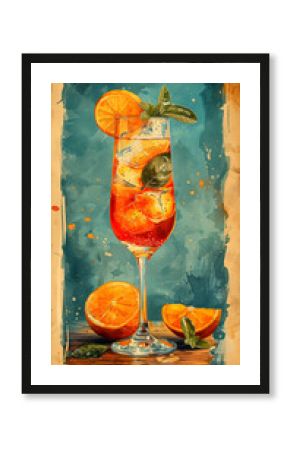 Aperol Spritz Cocktail in glass with ice and slice of orange. Classic summer Italian aperitif recipe square card. Retro minimal poster with alcoholic beverage. Vector illustration.