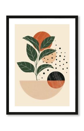 Retro Style Poster with Geometric Shapes and Plants Generative AI