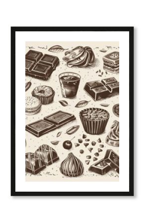 Vintage poster depicting various sweets including chocolate, fruits and pastries
