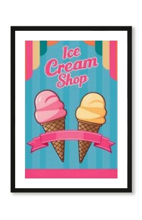 Cute vintage ice cream shop poster with two ice cream in wafer cones with pink ribbon banner, colorful parlor with striped awnings, fast food menu, blue vertical lines backdrop, pink border, flyer