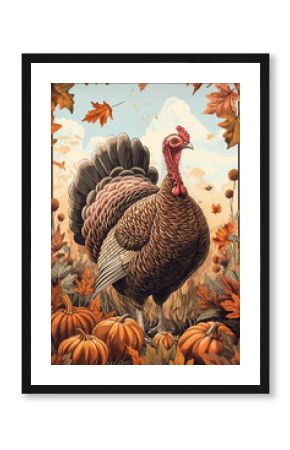 A vintage poster illustration celebrating Thanksgiving with warm earthy tones featuring a succulent turkey with autumn leaves and pumpkins 