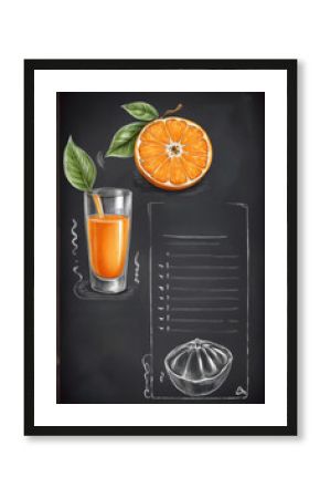 vertical drawing of a glass of orange juice on a chalkboard with an empty space