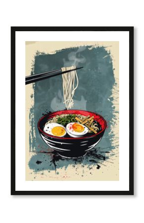 Vintage-style ramen illustration with chopsticks Generative AI image