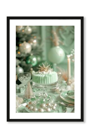 Vintage retro mint green Christmas tablescape jelly dessert luxurious festive elegant holiday setting with crystal glassware candles ornaments winter holiday theme classy dinner party concept post