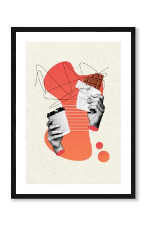 Vertical poster collage 3d hands body fragments drink beverage capuccino choclate bar eat food meal lunch drawing background