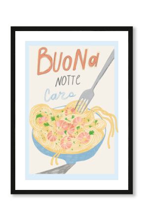 Poster with shrimp pasta on the plate