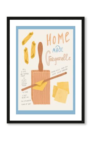 Illustration with pasta board for making Italian homemade garganelle