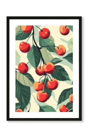 Design an illustration of cherries and leaves in a retro style, with cherries dropped on the ground. The background is white.