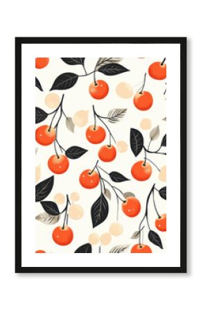 Design an illustration of cherries and leaves in a retro style, with cherries dropped on the ground. The background is white.