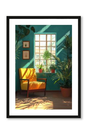 Sun shining through window illuminating retro styled living room with plants