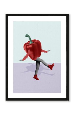 Vertical poster collage young headless woman body pepper paprika grocery store ingredient vitamins healthcare dieting nutrition