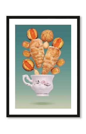 Tea Time.  Retro poster with various pastry. 