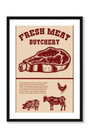 Fresh meat. Poster template with meat cut on grunge background. Vector illustration