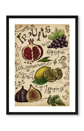 Set of different hand drawn fruits and vegetables. Art print for cafe or restaurant