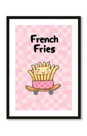 Retro-style fast food posters and brochures with fun mascot characters, quote text for cafes, and banners displaying groovy french fries for fast food delivery promotions