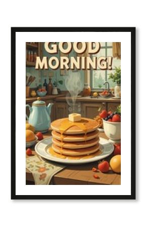 Illustrated breakfast scene with pancakes, syrup, fruit, cozy kitchen vibe, retro lettering ‘GOOD MORNING!’ in vintage poster style.  