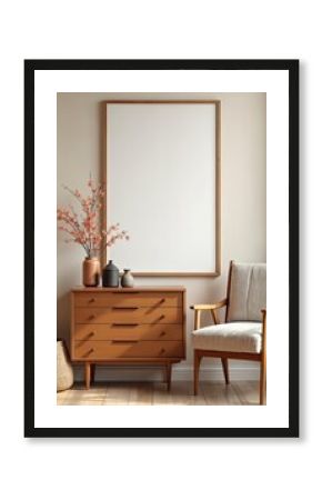 Modern Japandi style living room interior. Brown mid-century commode with elegant accessories, vase with flowers, chair, poster frame, floor and accessories. Stylish home staging, template.