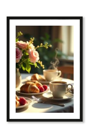 warm inviting tableau of Mothers Day breakfast unfolds under the soft glow of morning light floral centerpiece adorned with delicate blossoms and verdant greenery anchors the table steaming pot of aro