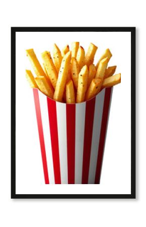 Golden Crispy French Fries in Classic Red-and-White Striped Bucket Isolated on Transparent Background for Food Advertising and Marketing