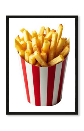Golden Crispy French Fries in Classic Red-and-White Striped Bucket Isolated on Transparent Background for Food Advertising and Marketing