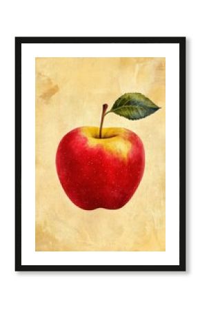 A vibrant red apple with a subtle yellow blush, sits against a textured background.  A single green leaf rests on top