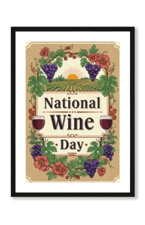Celebrating National Wine Day vintage style, featuring vineyard landscape, grapes, wineglass and flowers for poster design, flyer, greeting card and advertisement