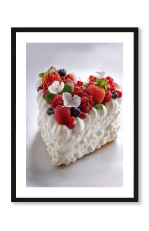delicate heart-shaped cake adorned with cascade of fresh berries sat majestically on pristine white background testament to the sweetness of love and the artistry of pastry