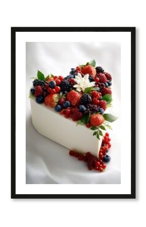 delicate heart-shaped cake adorned with cascade of fresh berries sat majestically on pristine white background testament to the sweetness of love and the artistry of pastry