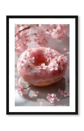 delicate donut adorned with pink cherry blossoms its glaze shimmering under the soft light dreamy aesthetic inviting the viewer to savor the sweet and floral springtime treat