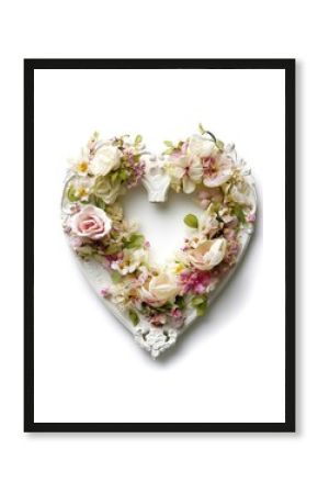 delicate heart-shaped frame adorned with intricate floral arrangements rests flat on pristine white background testament to love and affection perfect centerpiece for celebrating Mothers Day
