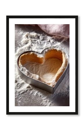 delicate heart-shaped cookie cutter its surface dusted with fine veil of flour lay innocently on pristine surface hinting at the sweet and loving gesture of baking special treat for Mom on Mothers Day