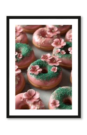 symphony of pink glazed donuts adorned with delicate floral petals and emerald green sprinkles visual masterpiece that promised sweet and delightful indulgence